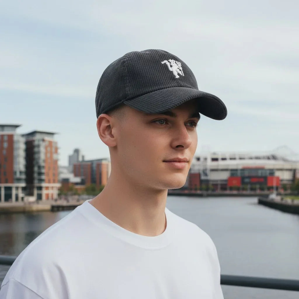 Model wearing a grey cap 