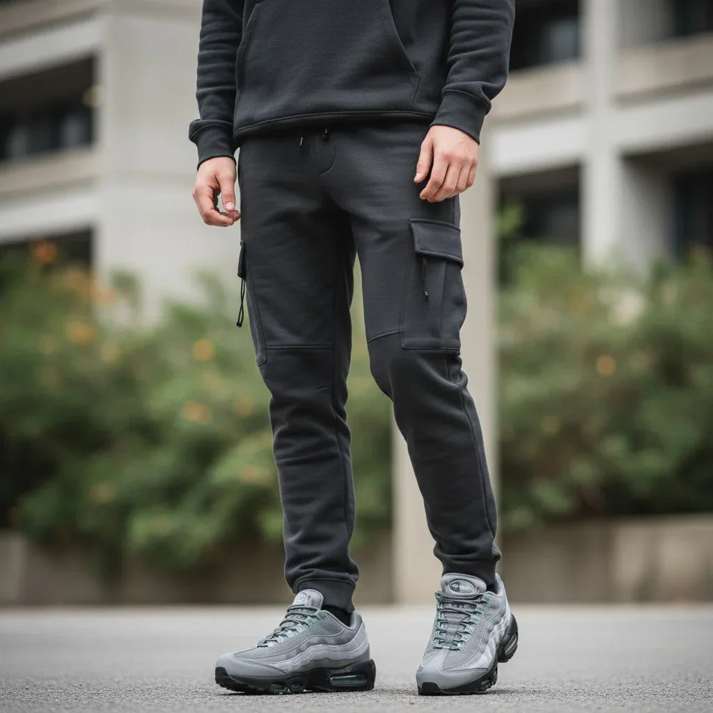 Person wearing dark gray jogger pants and gray sneakers in an urban setting