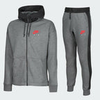 Nike Air NSW Fleece Men's Tracksuit in heather grey, front view showing the full-zip hoodie and matching tapered joggers, with Nike Air logos visible.