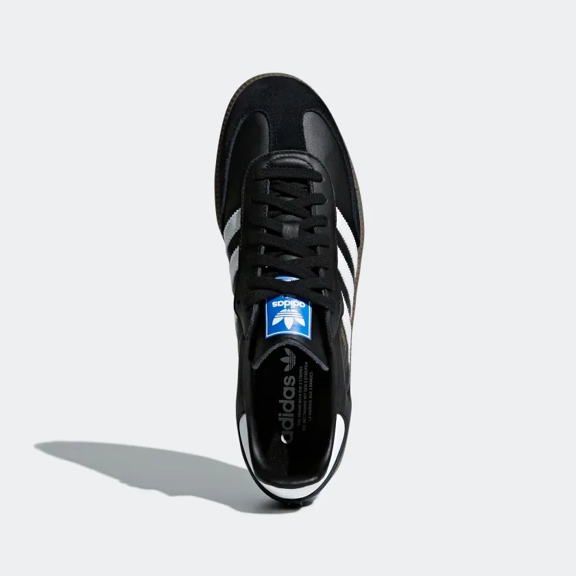 Top-down view of a pair of Adidas Samba OG Men's trainers in black, highlighting the leather upper, white laces, and iconic 3-Stripes.