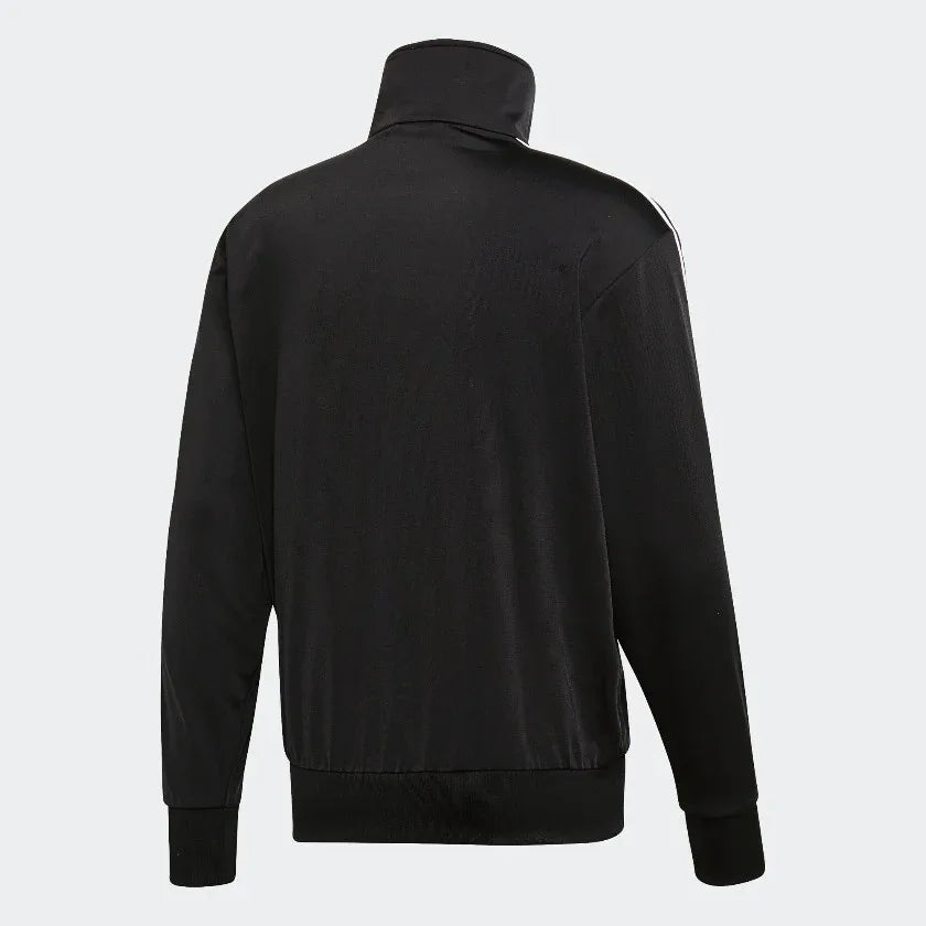 Adidas Firebird Track Jacket Men's in black, back view showcasing the plain design and the top of the collar.