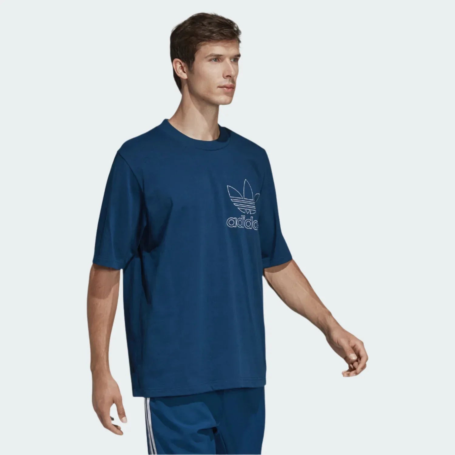 Front view of the adidas Originals Trefoil Outline T-Shirt Men's in Legend Marine, emphasizing the iconic Trefoil outline logo and ribbed crewneck design. Main image