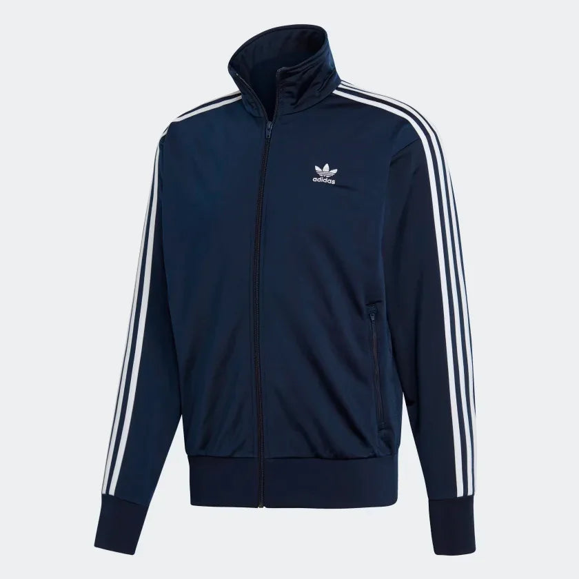 Adidas Firebird Track Jacket Men's in collegiate navy, front view showing full zip, stand-up collar, white 3-Stripes on sleeves, and Trefoil logo.