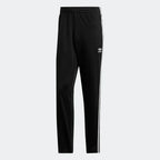 Adidas Firebird Track Pants Men's in black, front view showing white 3-Stripes down the legs, Trefoil logo on the hip, and zipped pockets.