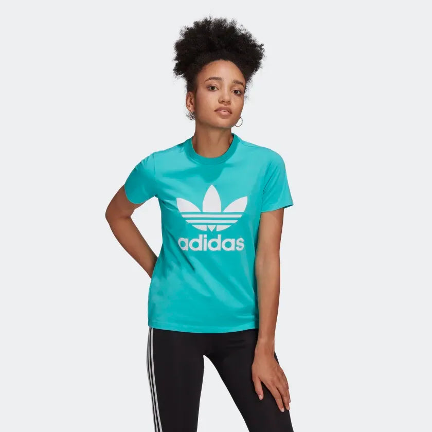 adidas Adicolor Women's Trefoil T-Shirt HE6869 worn standing showing casual fit and logo placement Main image