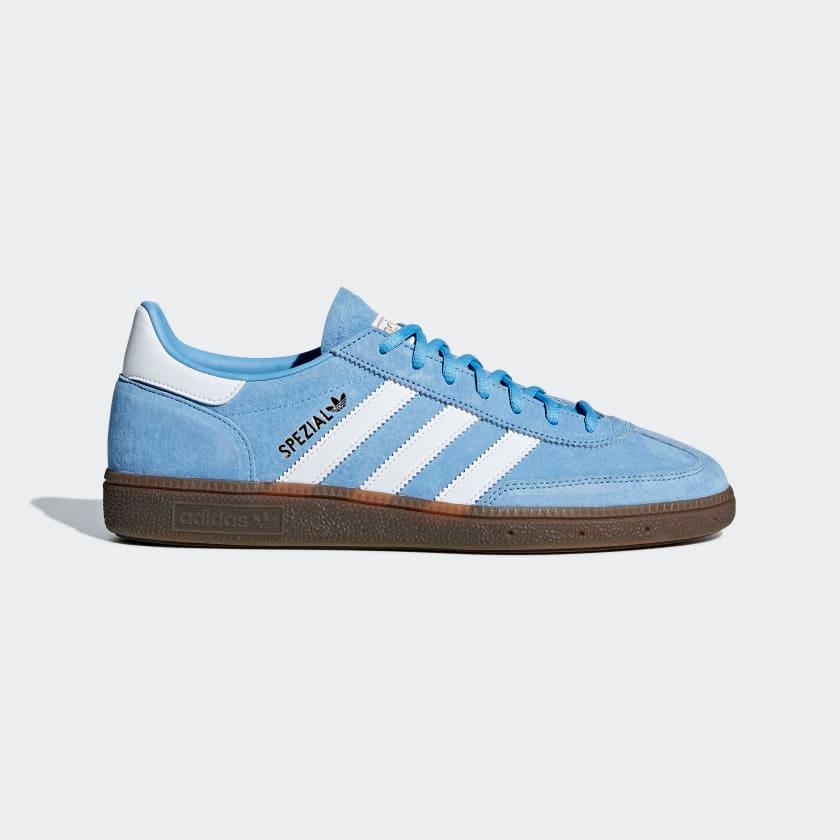 adidas Handball Spezial Men's BD7632 side view showing light blue suede upper and white 3-Stripes Main image