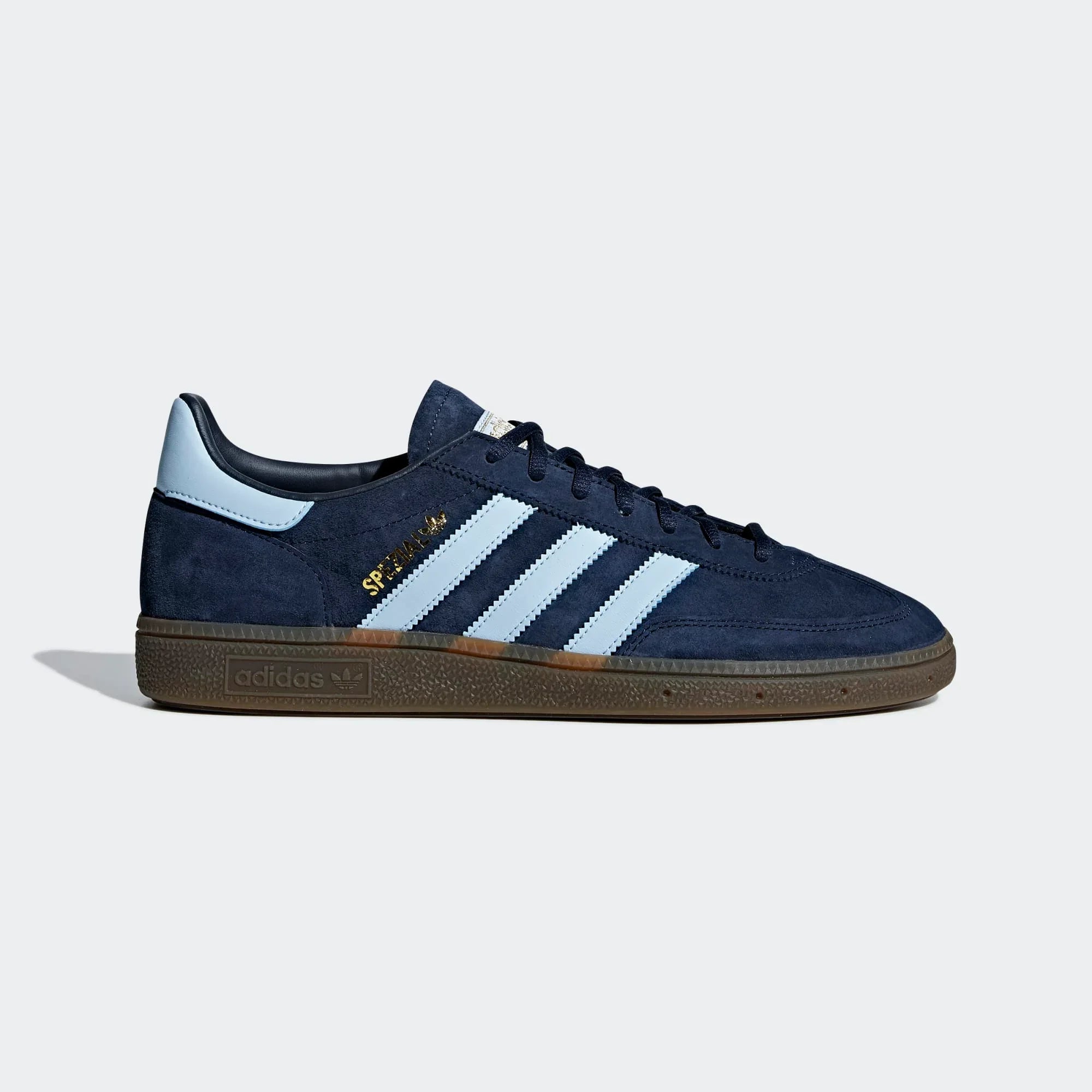 adidas Handball Spezial Men's BD7633 side view showing navy suede upper and light blue 3-Stripes Main image