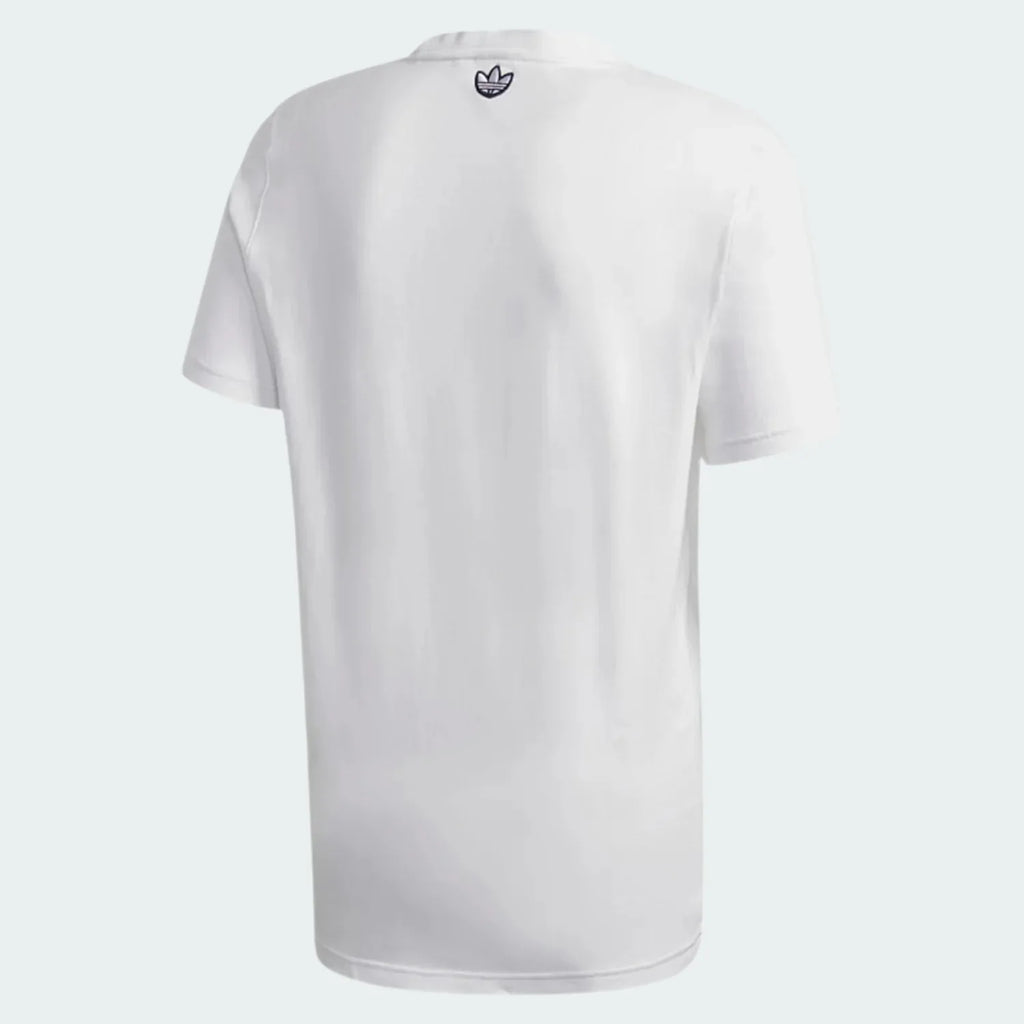 A white Adidas Samstag graphic tee with red text and a small Adidas logo on the neck.