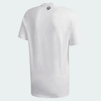 A white Adidas Samstag graphic tee with red text and a small Adidas logo on the neck.