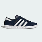 adidas Hamburg Men's S74838 side view showing navy suede upper and white 3-Stripes