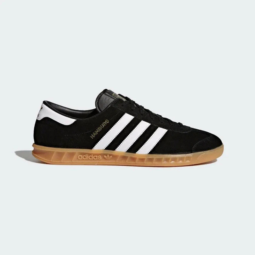 adidas Hamburg Men's S76696 side view showing black suede upper and white 3-Stripes