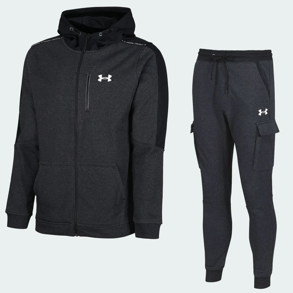Under Armour Men's Fleece Cargo Tracksuit in black, front view showing the hooded top with a kangaroo pocket and matching cargo joggers.