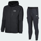 Under Armour Men's Fleece Cargo Tracksuit in black, front view showing the hooded top with a kangaroo pocket and matching cargo joggers.